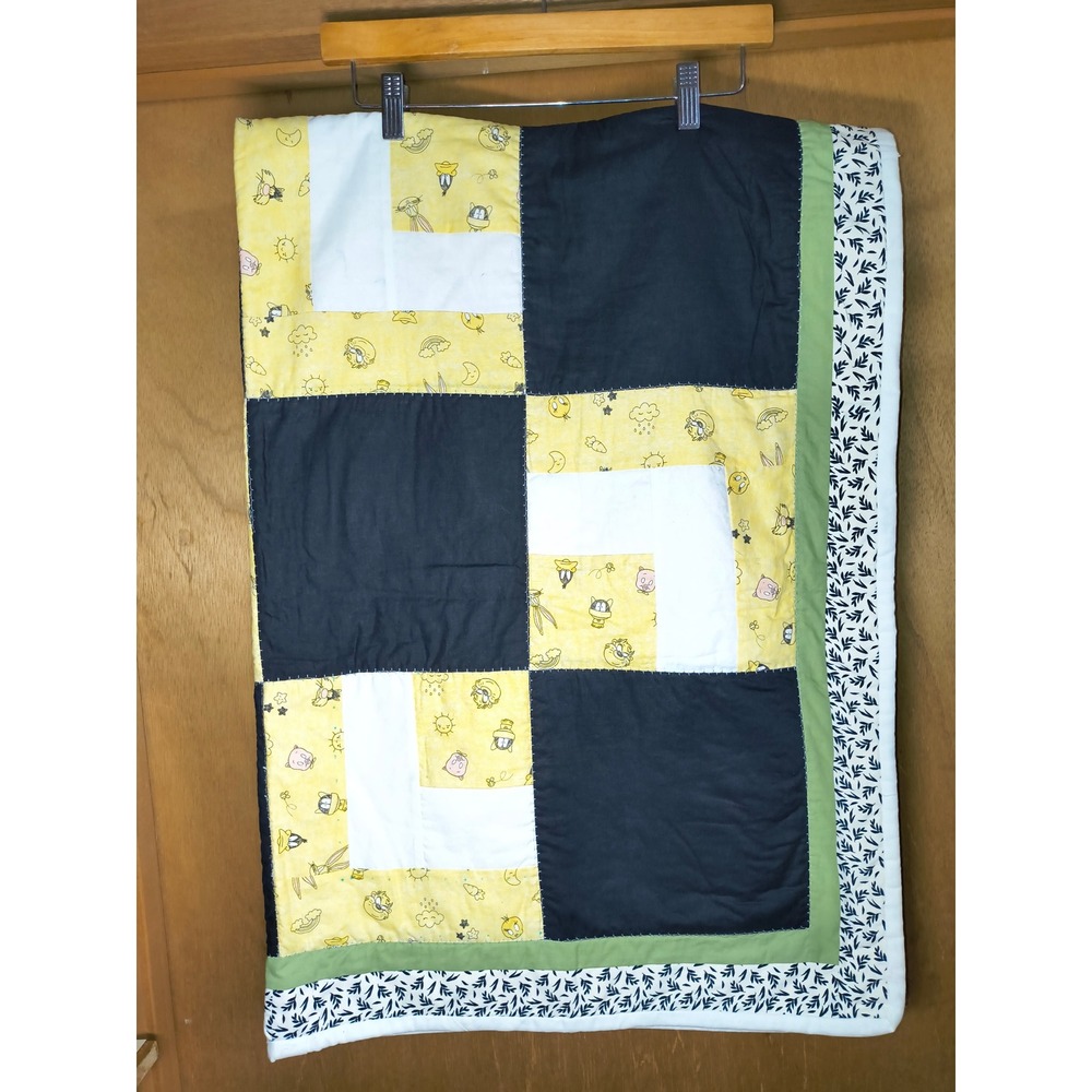 Handmade Looney Tunes Patchwork Lap Quilt Bugs Bunny Tweety Yellow Black  60x40